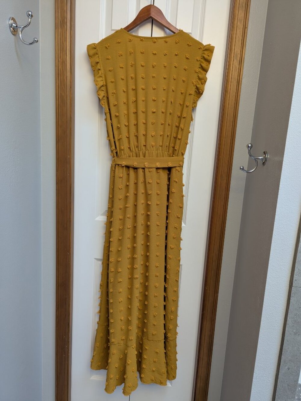 BTFBM Swiss Dot Faux Wrap Maxi Dress Gold Boho Ruffle Size XL - Picture 2 of 6